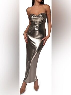 JLUXLABEL Visions of You Sleeveless Maxi Dress Metallic Gold Sheen NWT